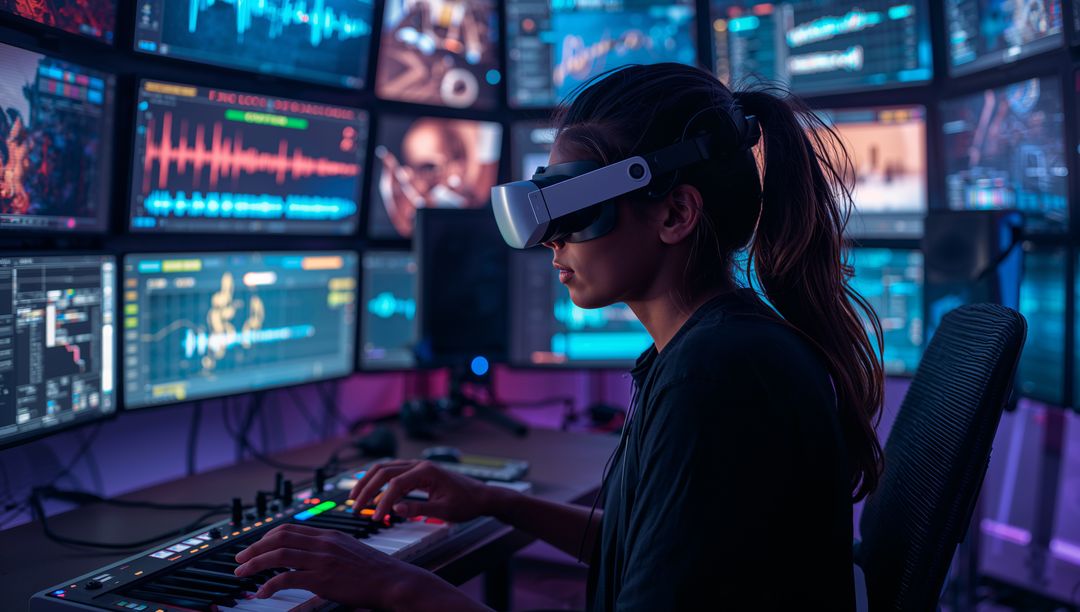 Asian Music Producer Wearing VR Headset Playing MIDI Controller in Neon Home Studio