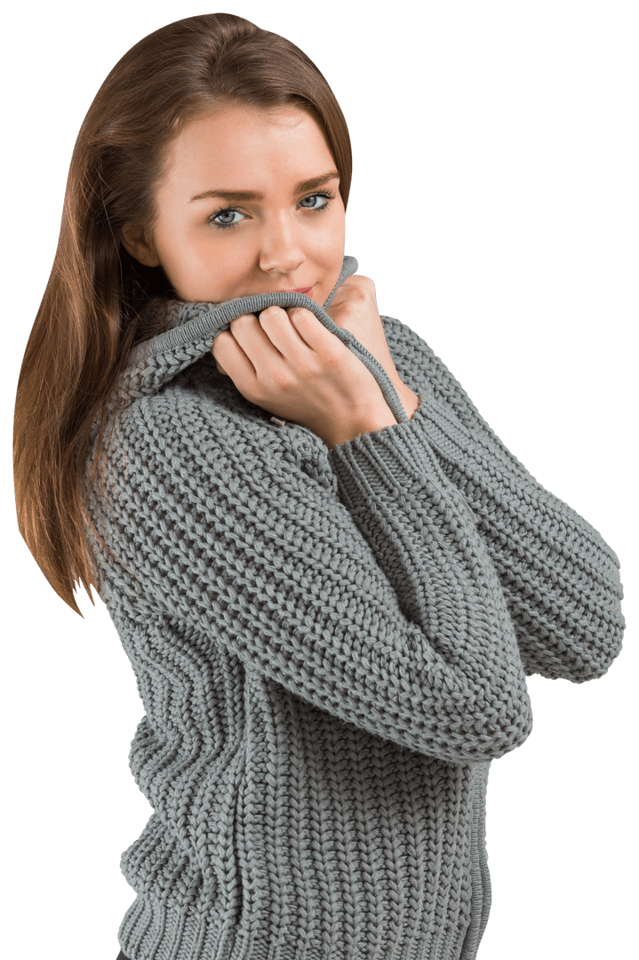 Pretty Woman in Transparent Winter Sweater Smiling at Camera