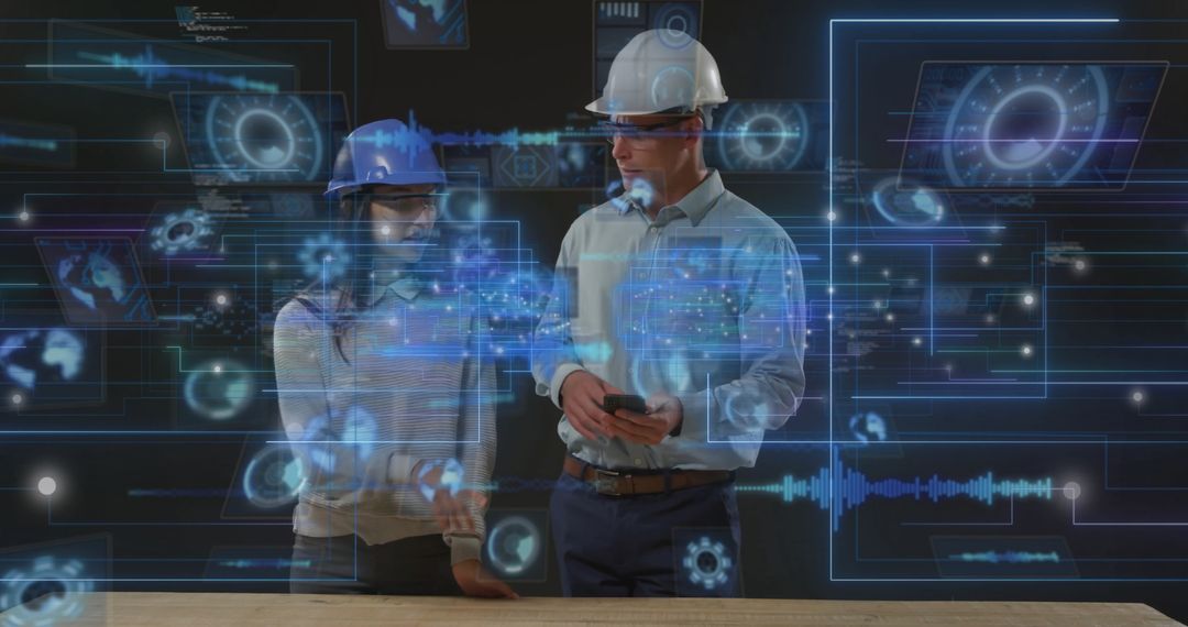 Engineers Analyzing Holographic Interface in Futuristic Studio Environment