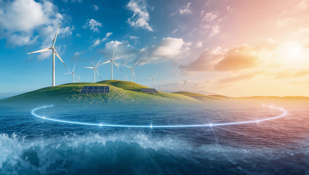 Futuristic offshore renewable energy island with wind turbines and solar arrays, digital ring
