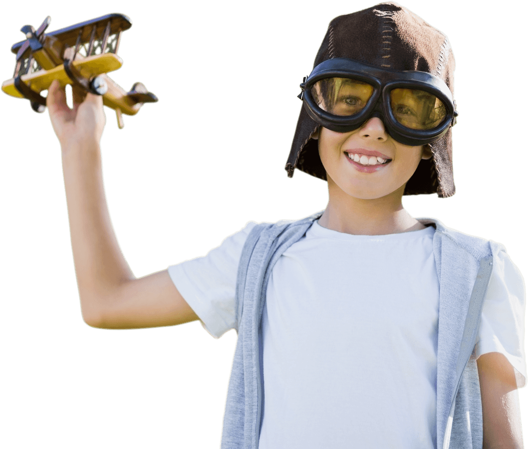 Joyful Boy Playing with Toy Plane in Pilot Goggles on Transparent Background