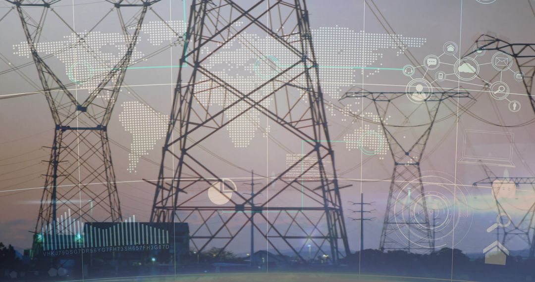 Digital Data Overlay on Electric Power Transmission Towers at Dusk