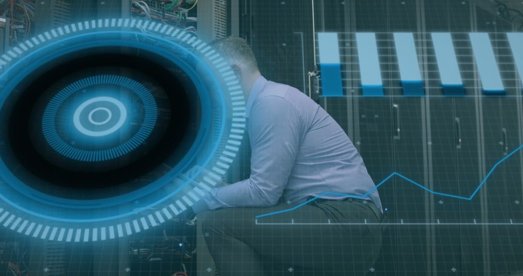 IT Technician Analyzing Data Interfaces in Server Room