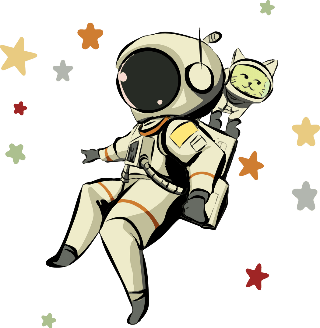 Floating Cartoon Astronaut and Cat Among Stars on Transparent Background