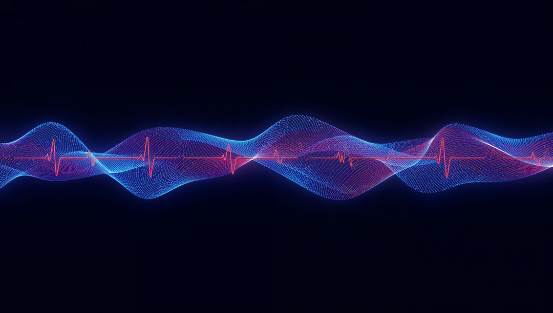 Neon waveform with ECG pulse flowing through glowing digital mesh ribbon purple gradient
