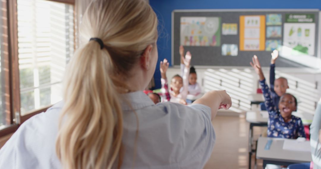 Engaged Elementary Classroom with Diverse Students and Passionate Teacher