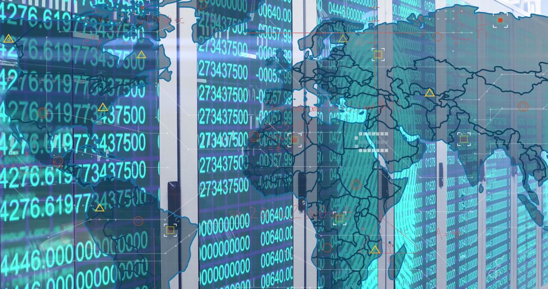 Digital Data Flow Over Global Map and Computer Servers