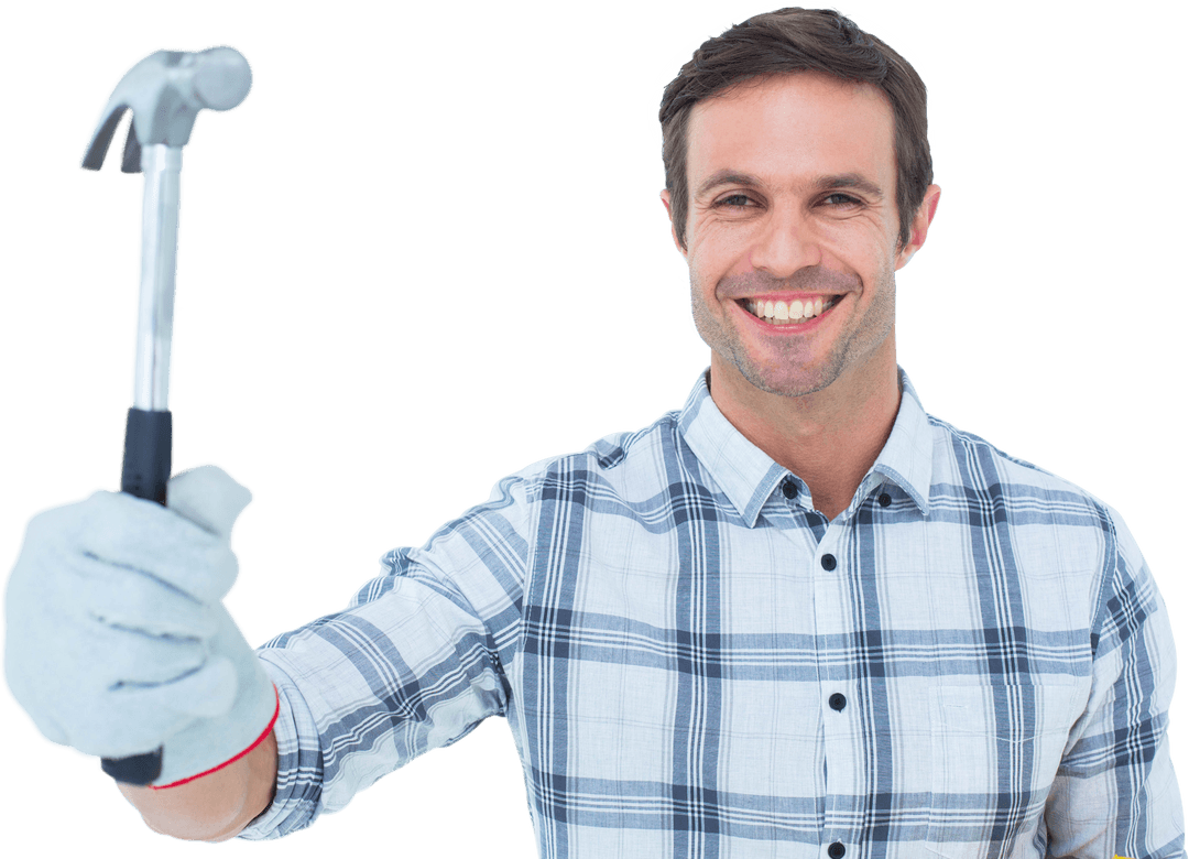 Transparent Smiling Handyman Holding Hammer Confidently