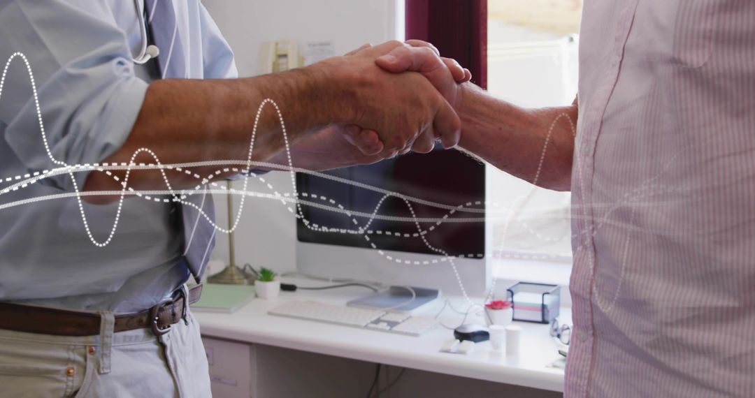 Business handshake in office with waveform overlay symbolizing data-driven partnership
