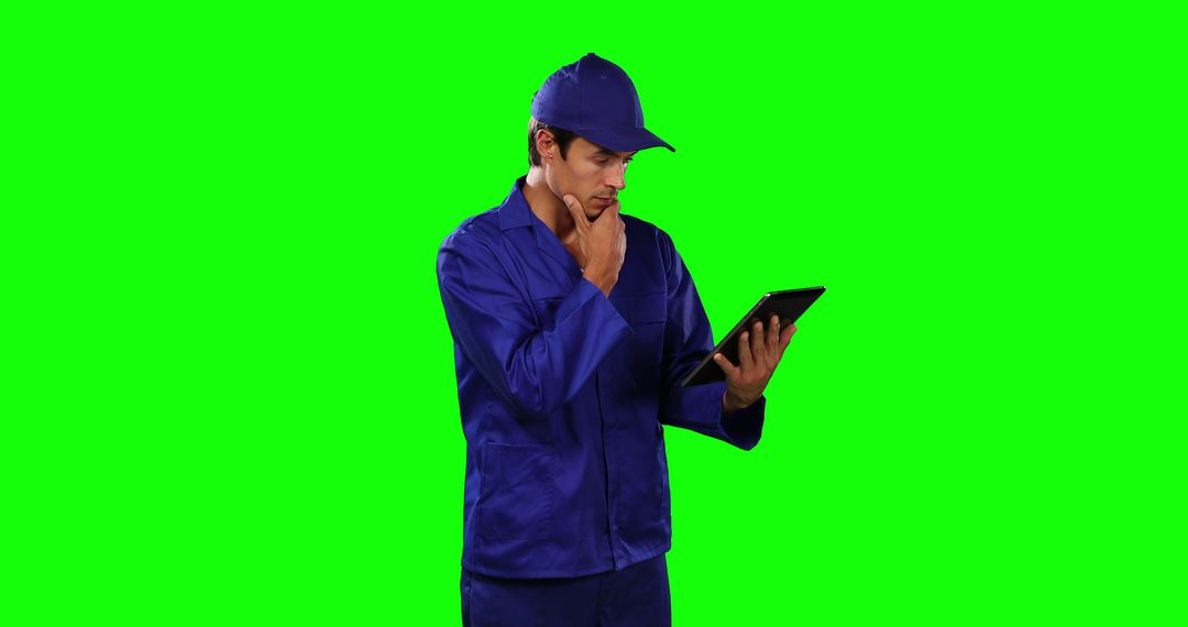 Delivery Worker Checking Tablet Against Green Screen - Free Images, Stock Photos and Pictures on Pikwizard.com