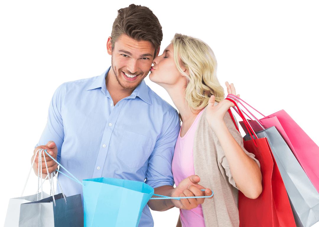 Smiling Couple with Shopping Bags and Transparent Background