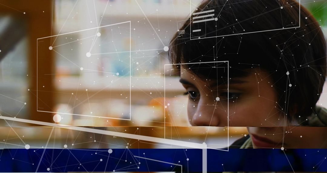 Woman Engaging with Futuristic Digital Interface in Library Background