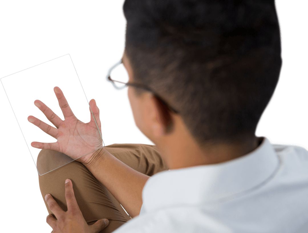 Man Interacting with Glass Tablet Demonstrates Future Technology