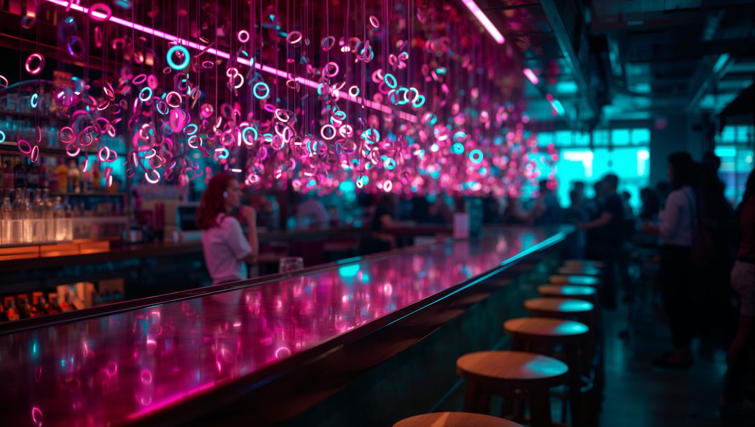 Glowing Neon Ring Lounge Bar with Long Magenta Teal Counter, Bartender Serving