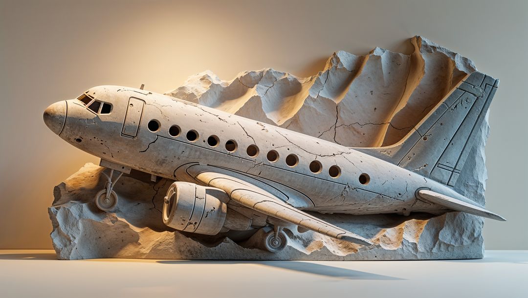 Impressive stone carving of plane crash emerging from rock in gallery
