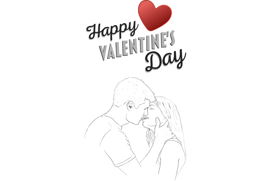 Romantic Couple Illustration with Happy Valentine's Day Text on Transparent Background