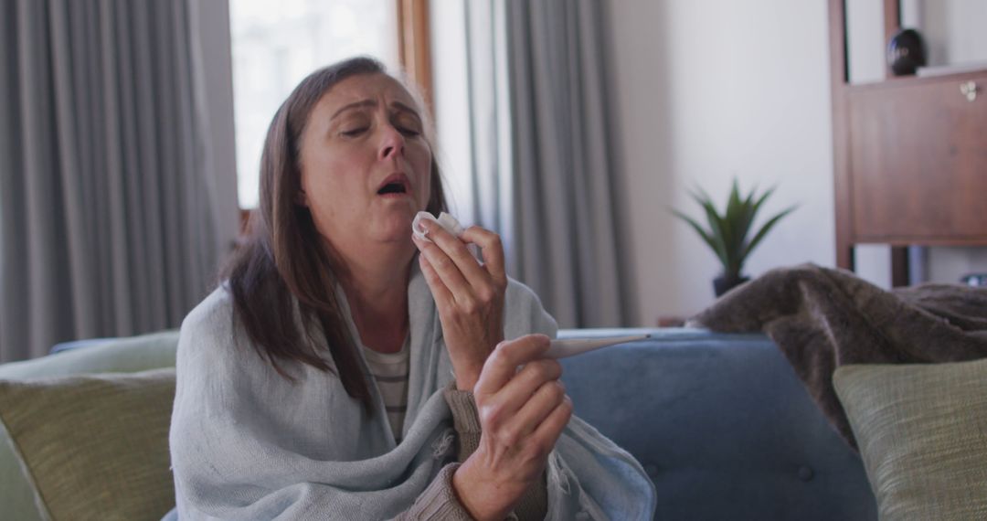 Sick Woman Coughing on Couch with Thermometer - Free Images, Stock Photos and Pictures on Pikwizard.com