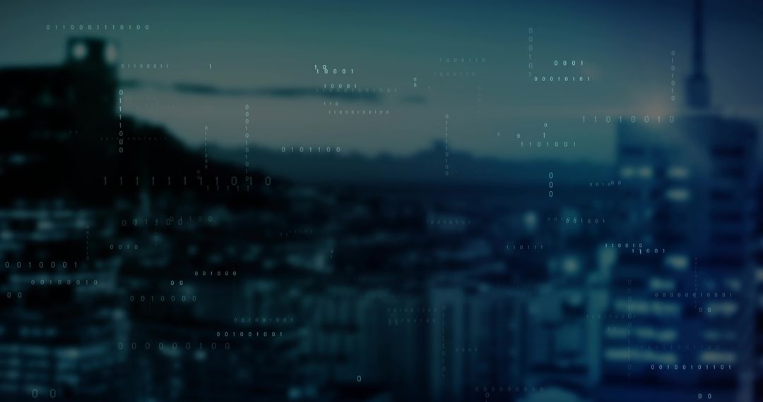 Digital Code Cascading Over Twilight City Skyline