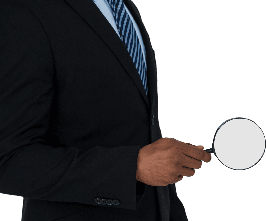 Businessman Holding Magnifying Glass Against Transparent Background