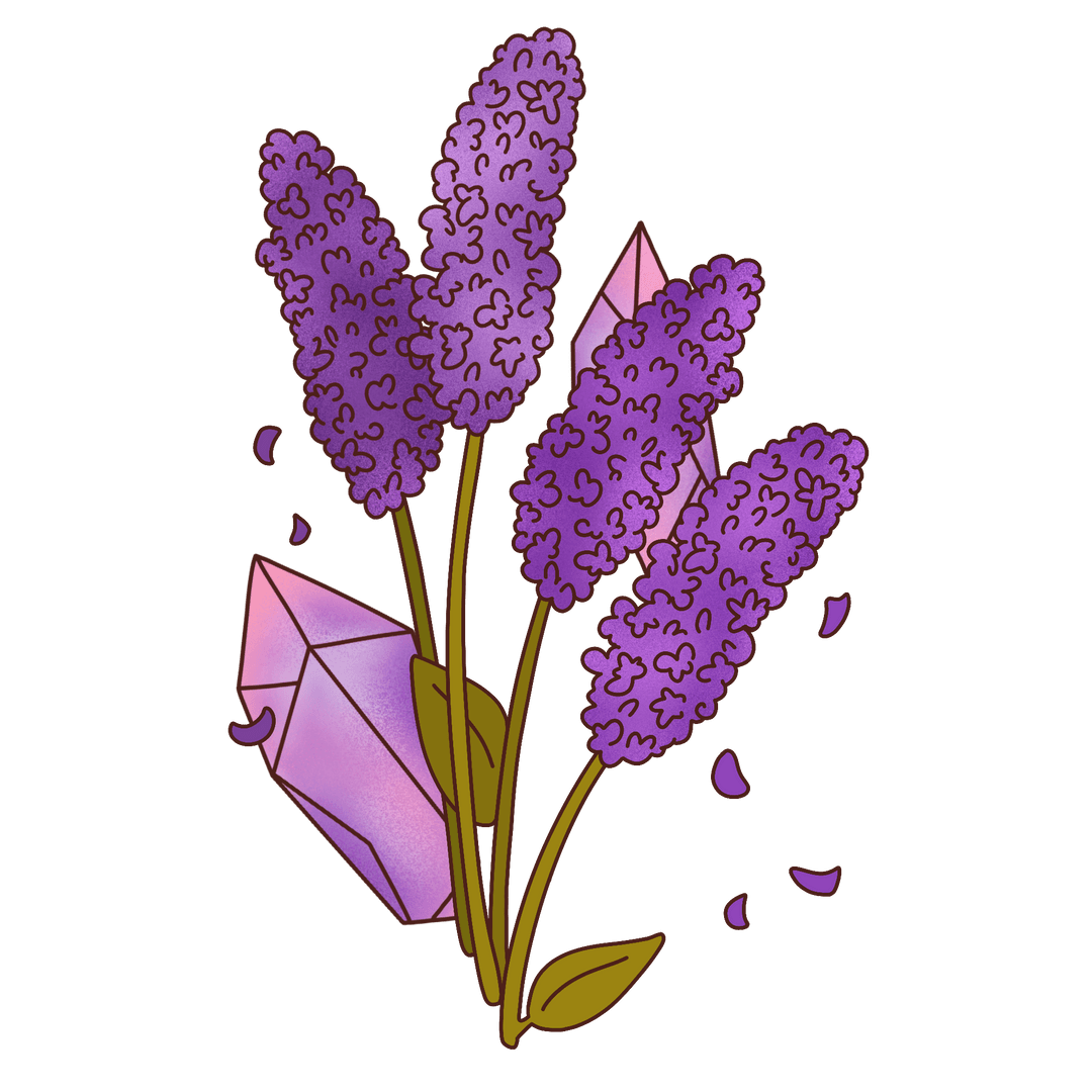 Floating Lavender Stems with Crystals on Transparent Background