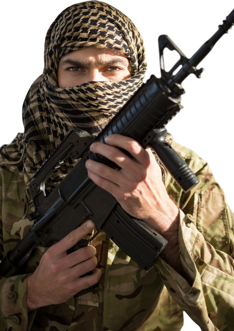 Army Soldier with Rifle Wearing Camo Headscarf Transparent - Download Free Stock Images Pikwizard.com