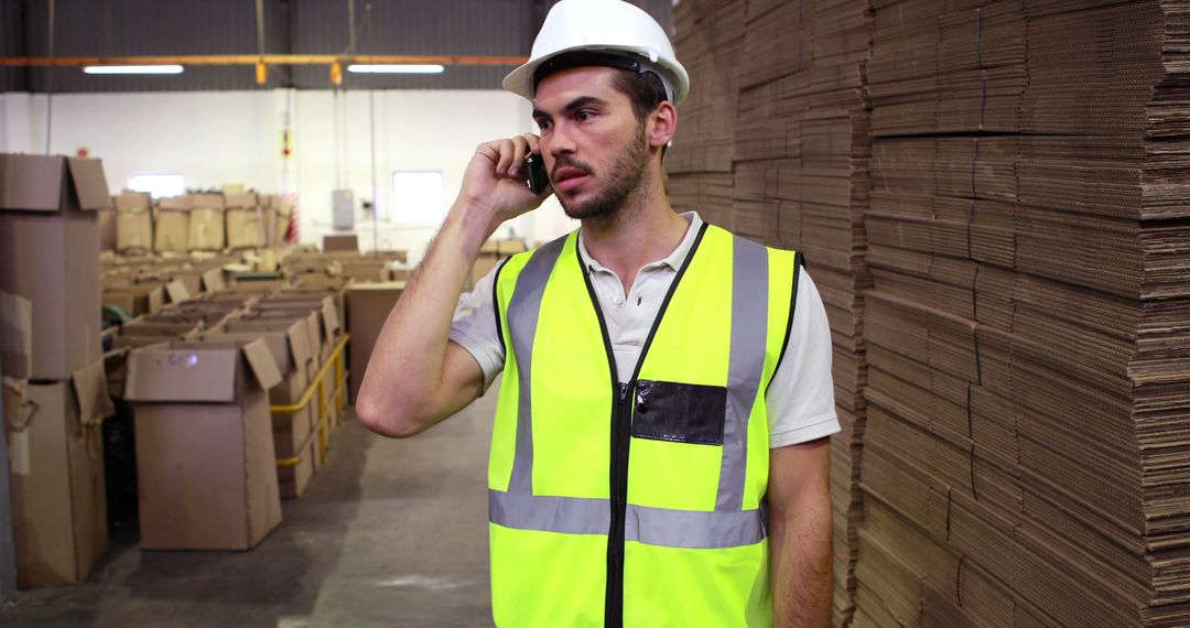 Warehouse Worker Talking on Smartphone in Dispatch Area - Free Images, Stock Photos and Pictures on Pikwizard.com