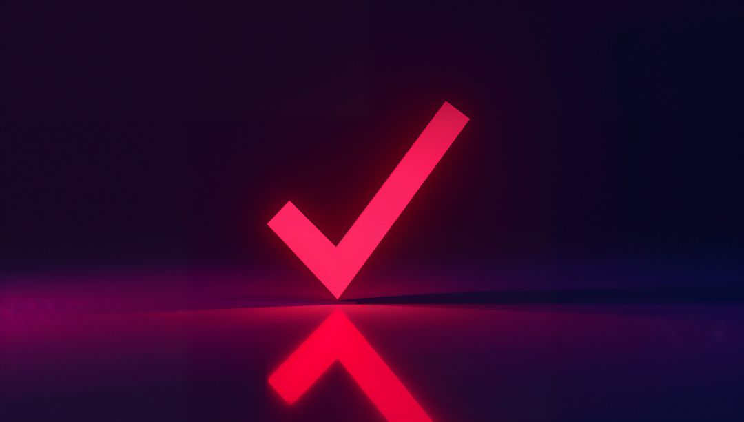 Glowing Neon Red Checkmark with Reflective Glossy Surface