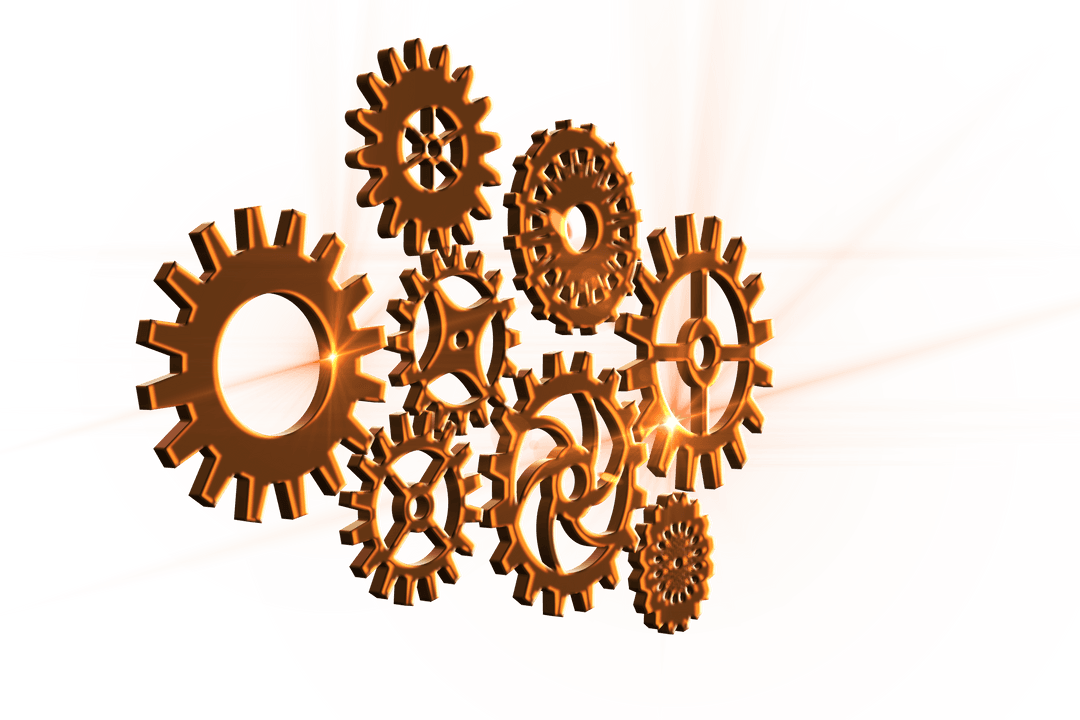 Transparent Golden Cogs Illustrating Mechanical Processes and Connections