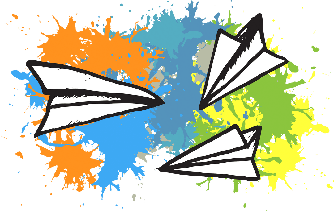 Colorful Paper Planes with Splashes on Transparent Background
