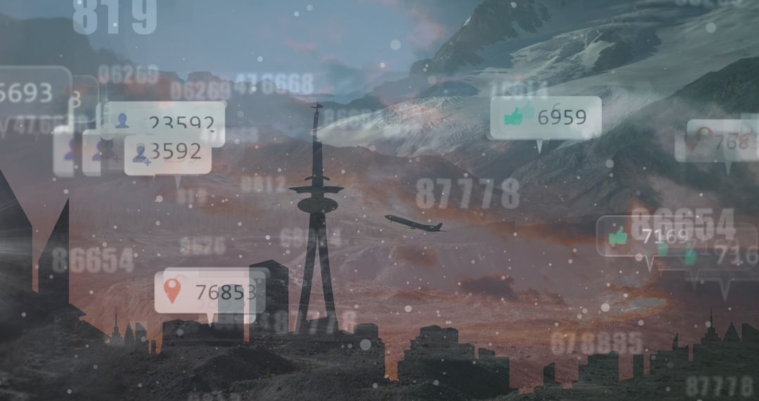 Surreal Cityscape with Social Media Icons and Reactions