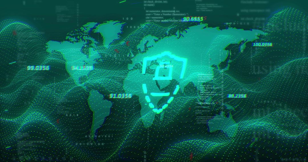 Neon Teal Cybersecurity Shield Lock Hovering Over Global Dotted Map with Data Streams