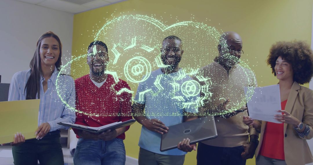 Diverse Team with Holographic Cloud Technology in Office