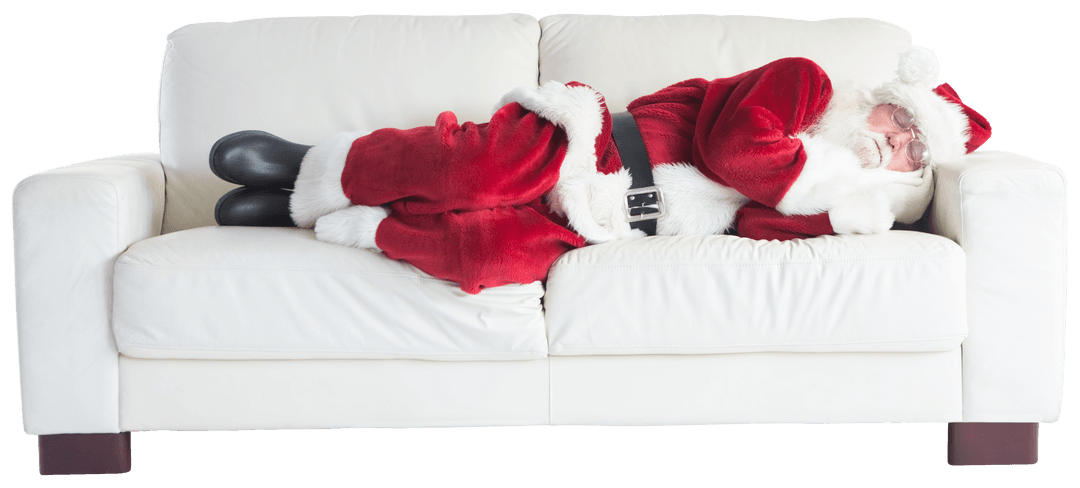 Transparent Santa Claus Sleeping on White Couch Background