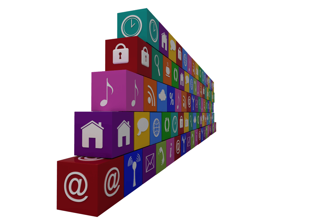 Colorful Digital Icons in 3D Blocks on Transparent Background