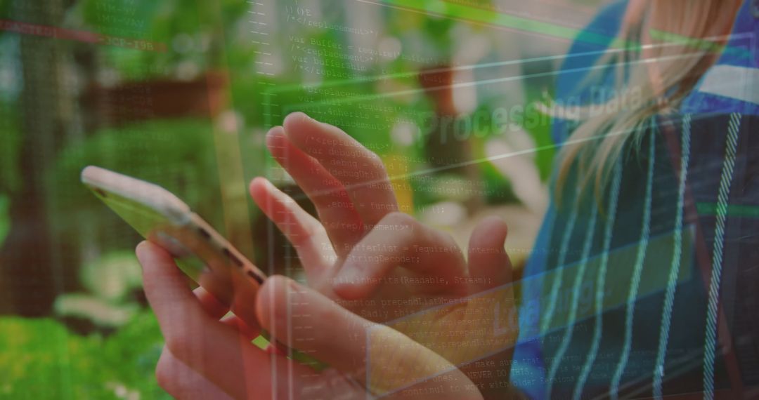 Woman Using Smartphone with Digital Data Overlay Concept