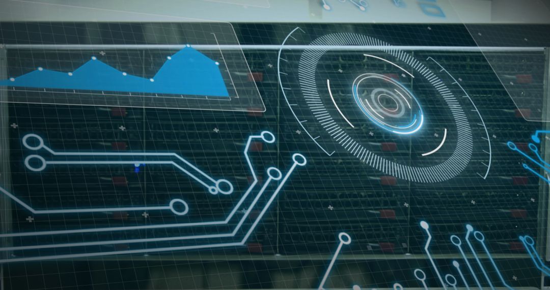 Futuristic Digital Interface Overlay in High-Tech Server Room