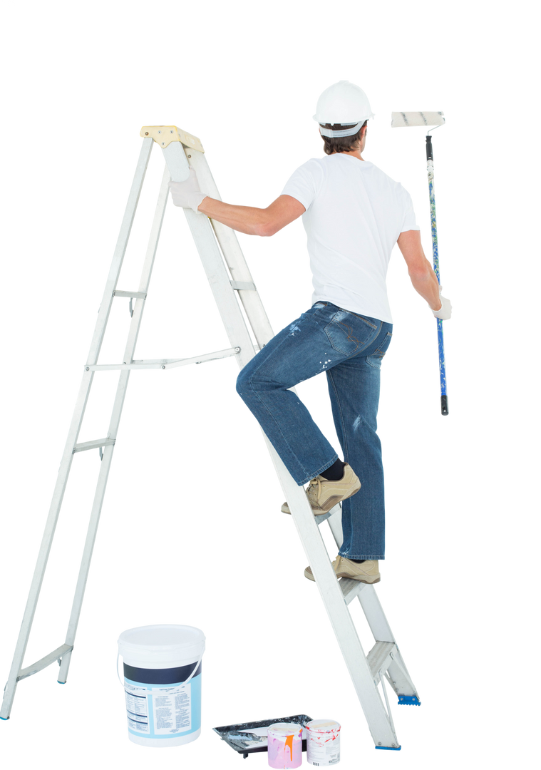 Transparent Full Length Rear View of Man Painting on Ladder with Roller - Download Free Stock Images Pikwizard.com