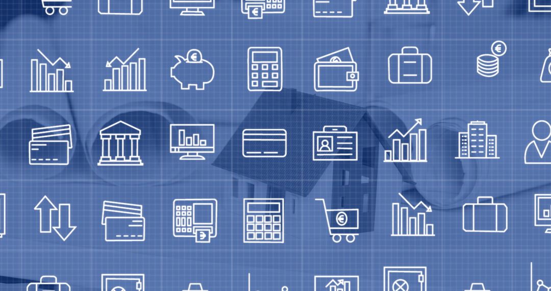 Blue Graphic of Business Icons on Transparent Grid