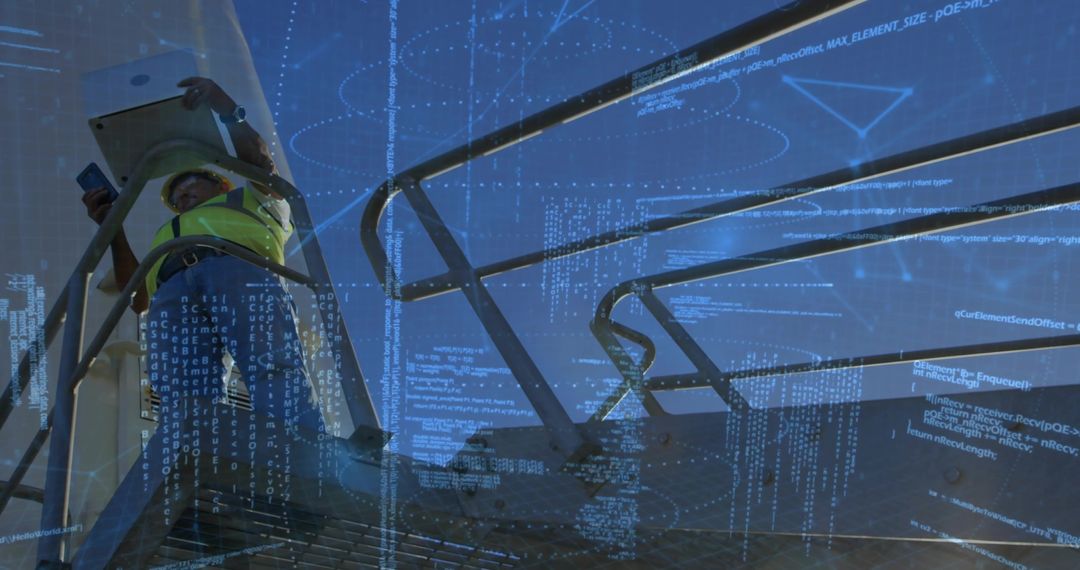 Industrial Technician Inspecting Elevated Platform Using Tablet and Phone with Data Overlay