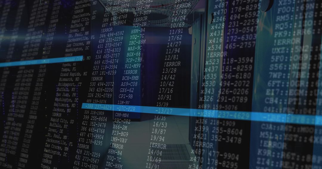 Futuristic Data Center with Superimposed Code Overlay
