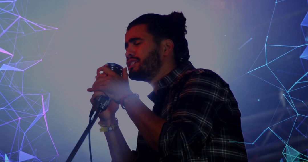 Passionate Vocalist Performing on Stage with Digital Projections