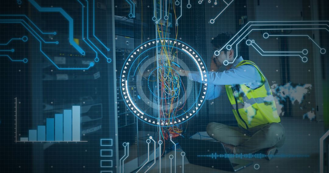Technician with Digital Interface Overlay and Data Processing Elements
