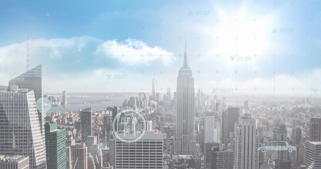 Financial Data Overlay on Modern Cityscape Drone View