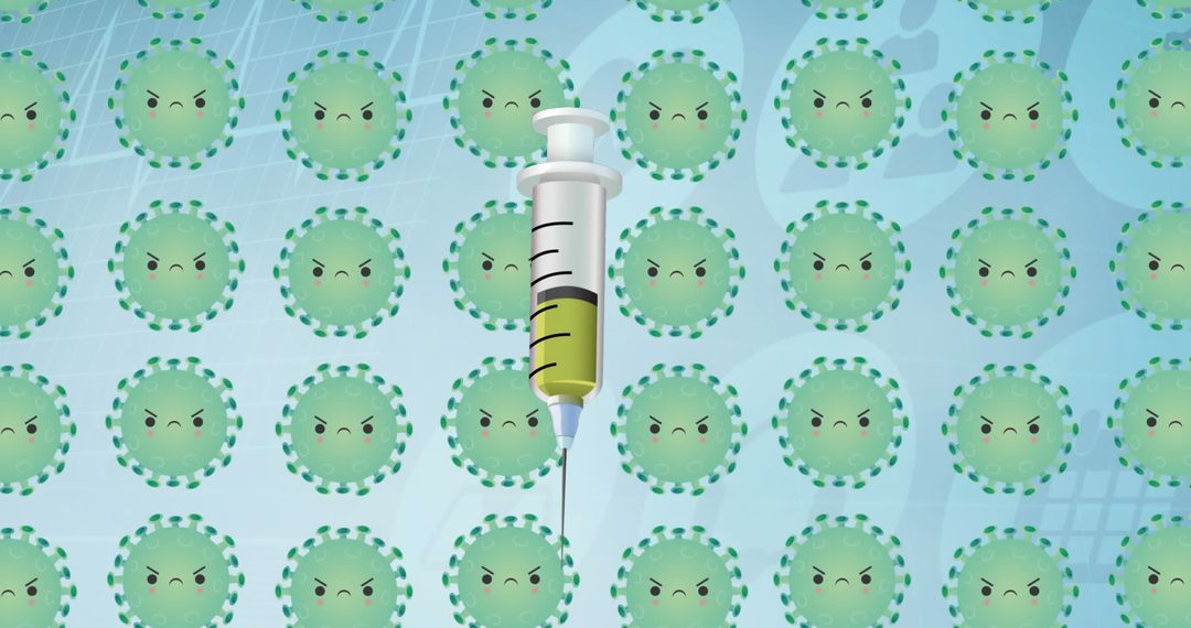 Covid-19 Vaccine Concept with Virus Caricatures and Syringe