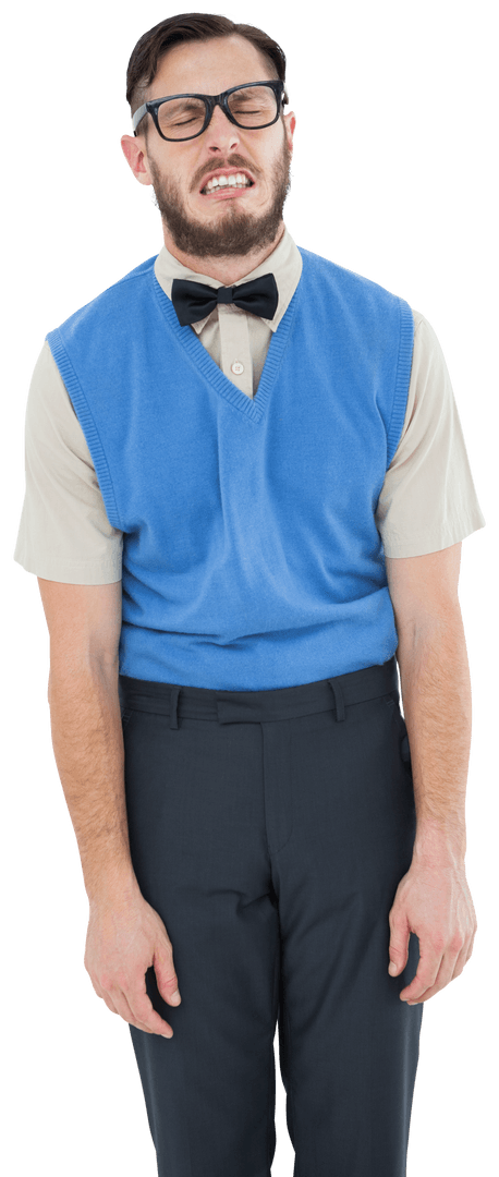 Transparent Nerdy Hipster Making Silly Face in Blue Vest with Bow Tie
