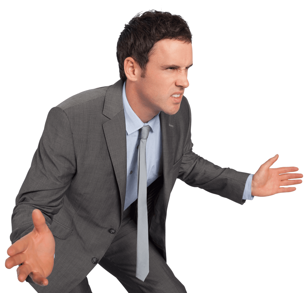 Transparent Angry Businessman Gesturing with Hands Open