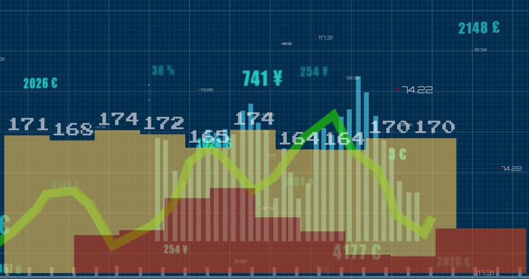 Digital Finance Art with Graphs and Currency Symbols Overlapping