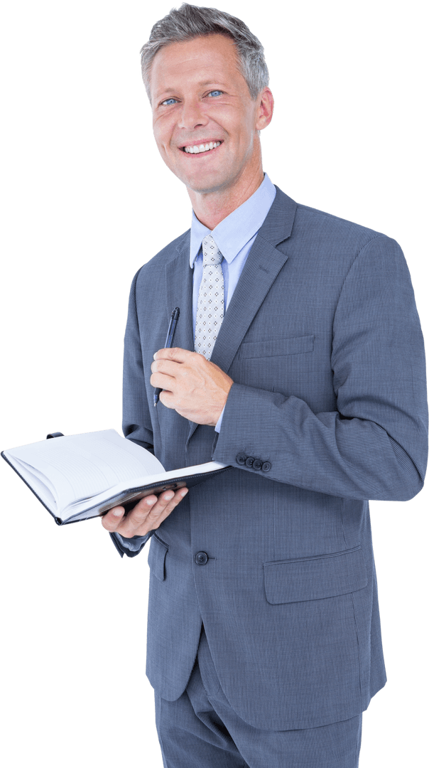 Confident Businessman in Suit Holding Diary On Transparent Background