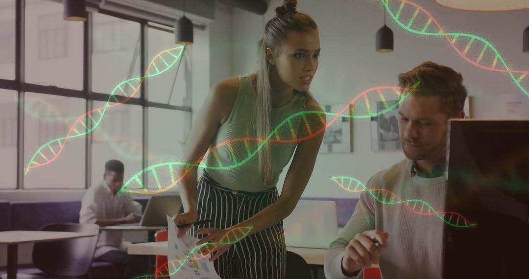 Innovative Workspace: Professionals Collaborating Before DNA Visuals