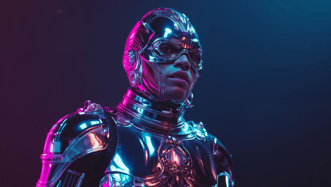 Futuristic Chrome Android in Neon-Lit Room